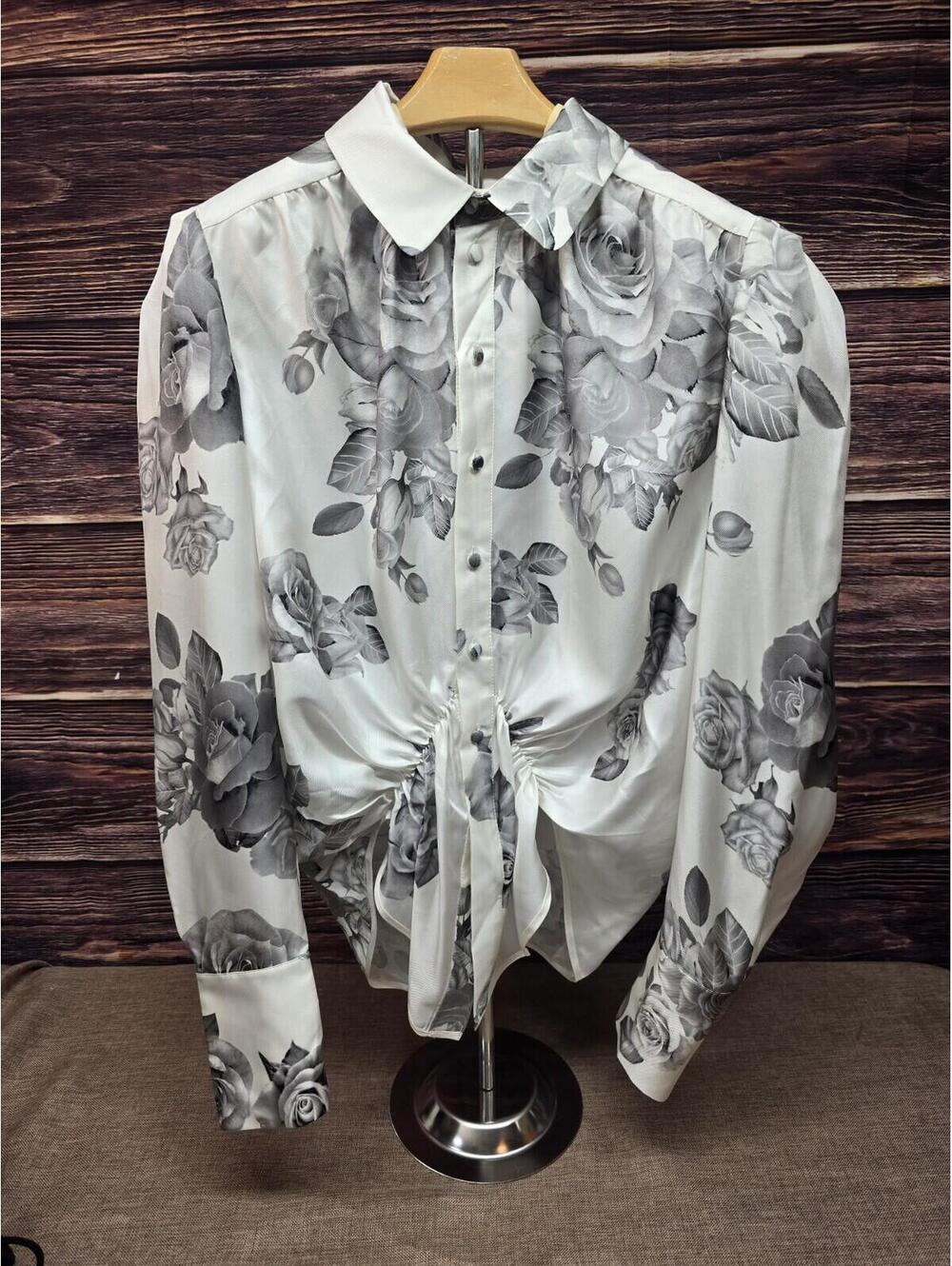 Dice Kayek Women's White / Grey Floral Print Blouse 42
